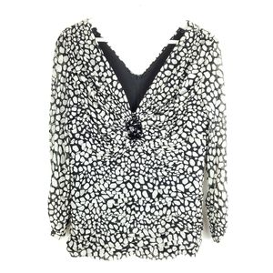 Tadashi Shoji large Fitted Ruched Blouse White Black Spotted Mesh over black